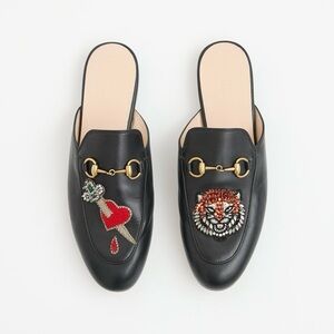 $995 Gucci Princetown Black Leather Tiger Pierced Heart Slippers Mules Flats 7